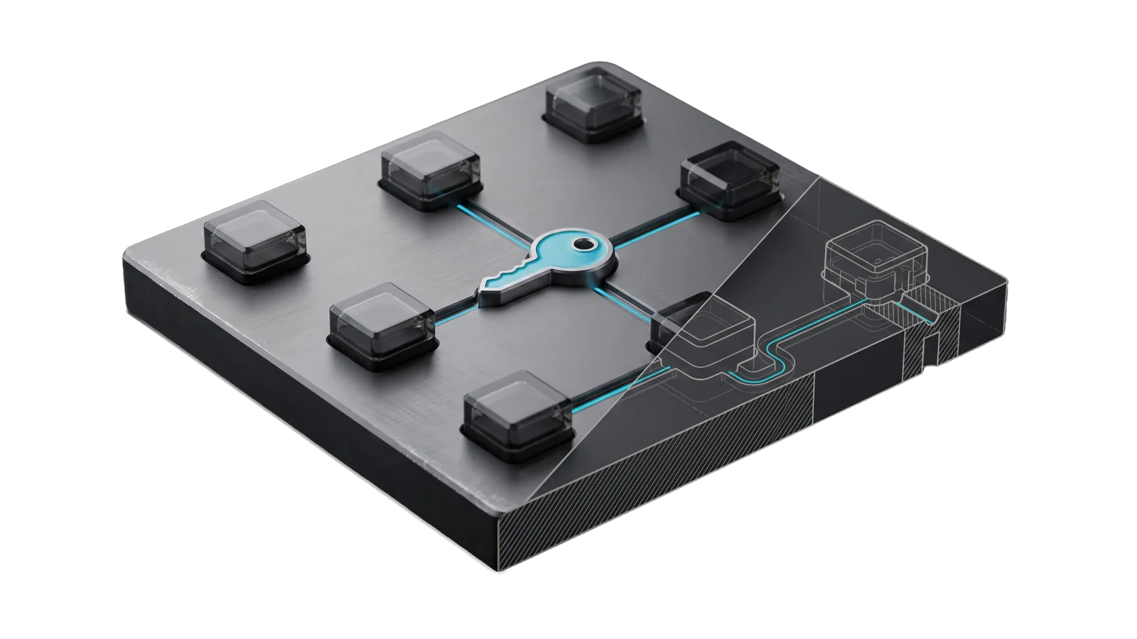 A rod-and-node sculpture of about twelve machined nodes on a round base, one key-shaped node lighting the cyan rods and nodes that depend on it, part of the graph continuing as bone-grey outline.