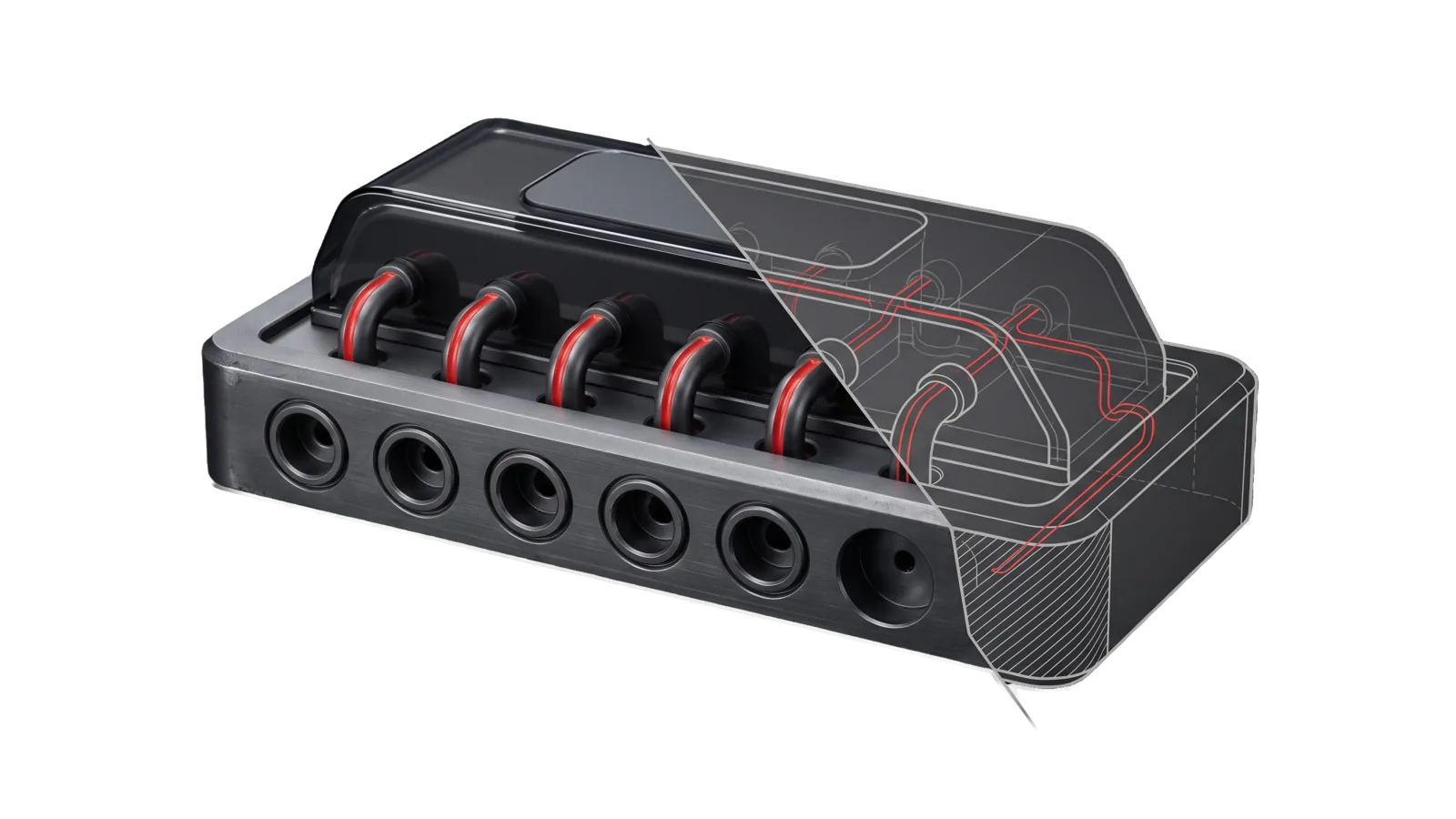 A smoked-glass app module seated in a heavy machined chassis, five red conduits plugged from the chassis sockets into it and a sixth socket empty, the right end cut away into bone-grey outline.