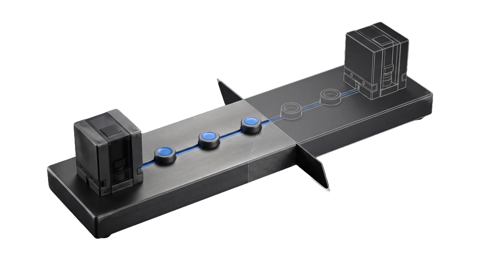 A solid graphite block at one end of a long plinth and its taller ideal form in bone-grey outline at the other, joined by a blue groove whose nearest three checkpoints are closed.