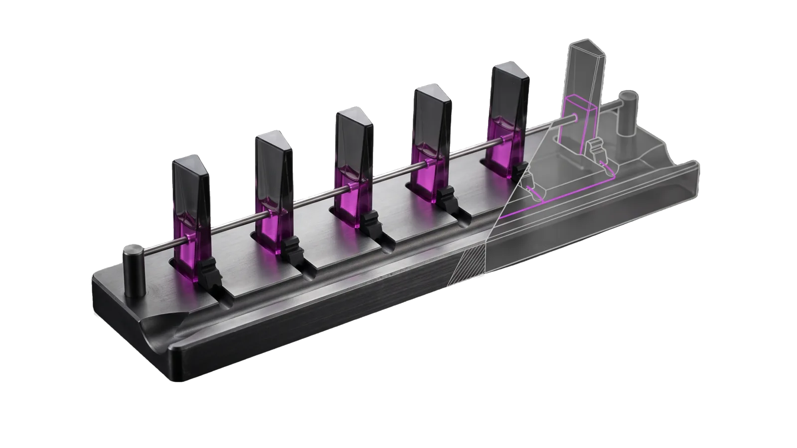A machined bench holding six glass wedges filled with magenta liquid to different heights from one shared channel, a steel threshold bar crossing all of them, with the far end cut away into a bone-grey drawing.