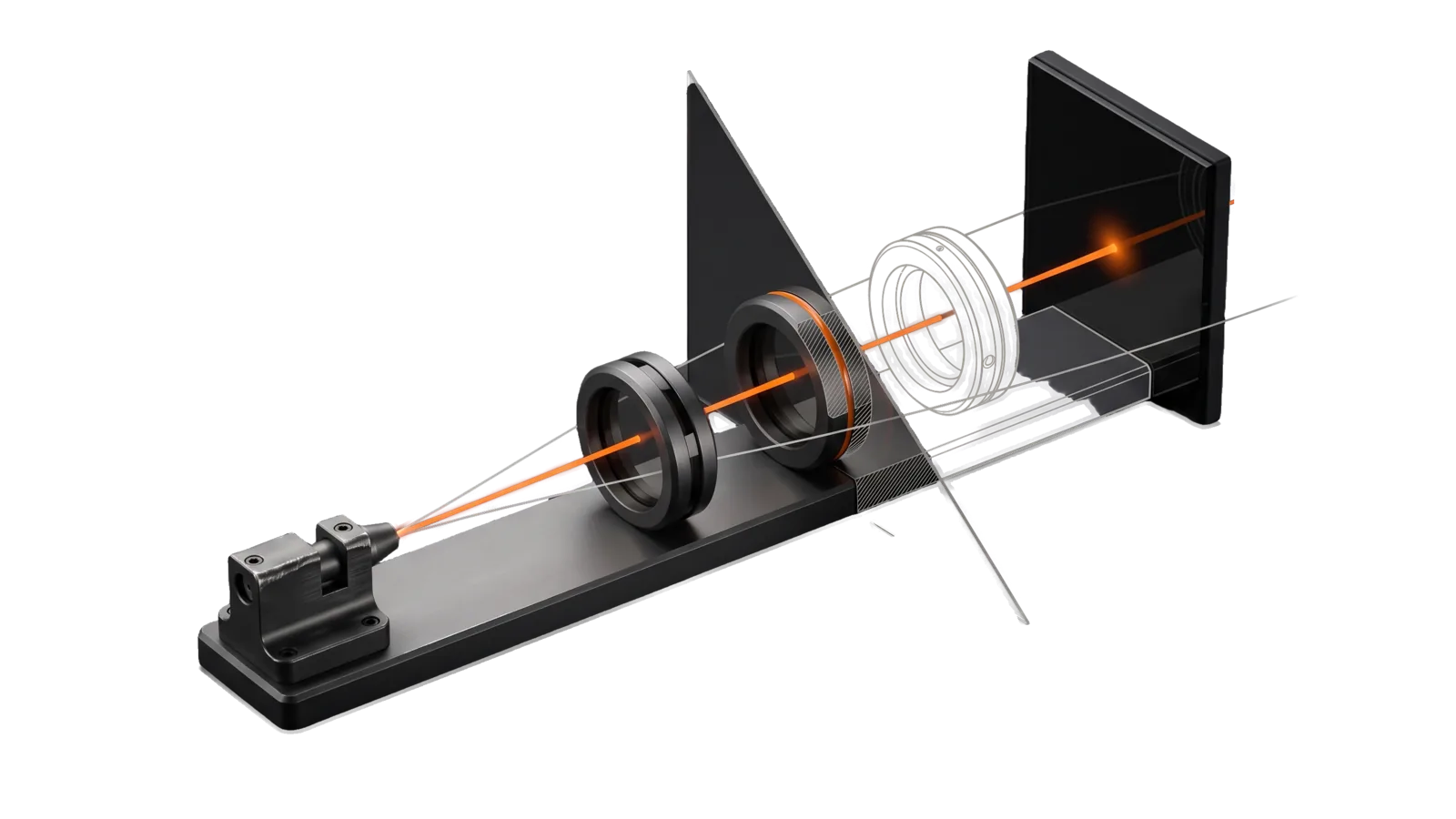 A machined launcher and target on a long plinth, an orange trajectory passing through three focusing rings to the target centre while a bare trajectory misses wide, the target cut away into bone-grey outline.