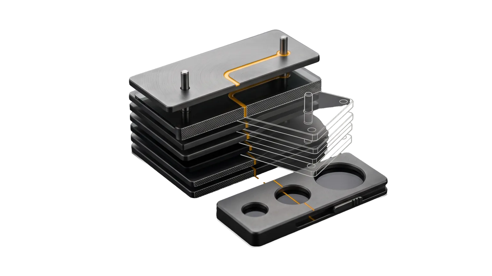 A stack of machined plates on two steel pins with a new amber plate being added to the top, a three-aperture sorter in front with the largest opening latched, the lower stack cut away into bone-grey outline.