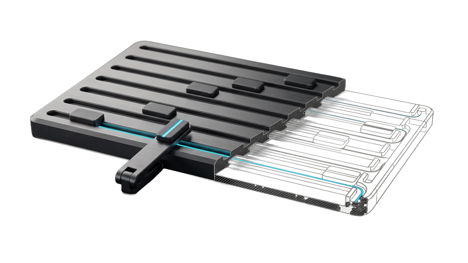 A wide machined board of six parallel lanes carrying tokens toward the right, one token lifted out on a raised arm with its lane lit cyan, the right end cut away into bone-grey outline.