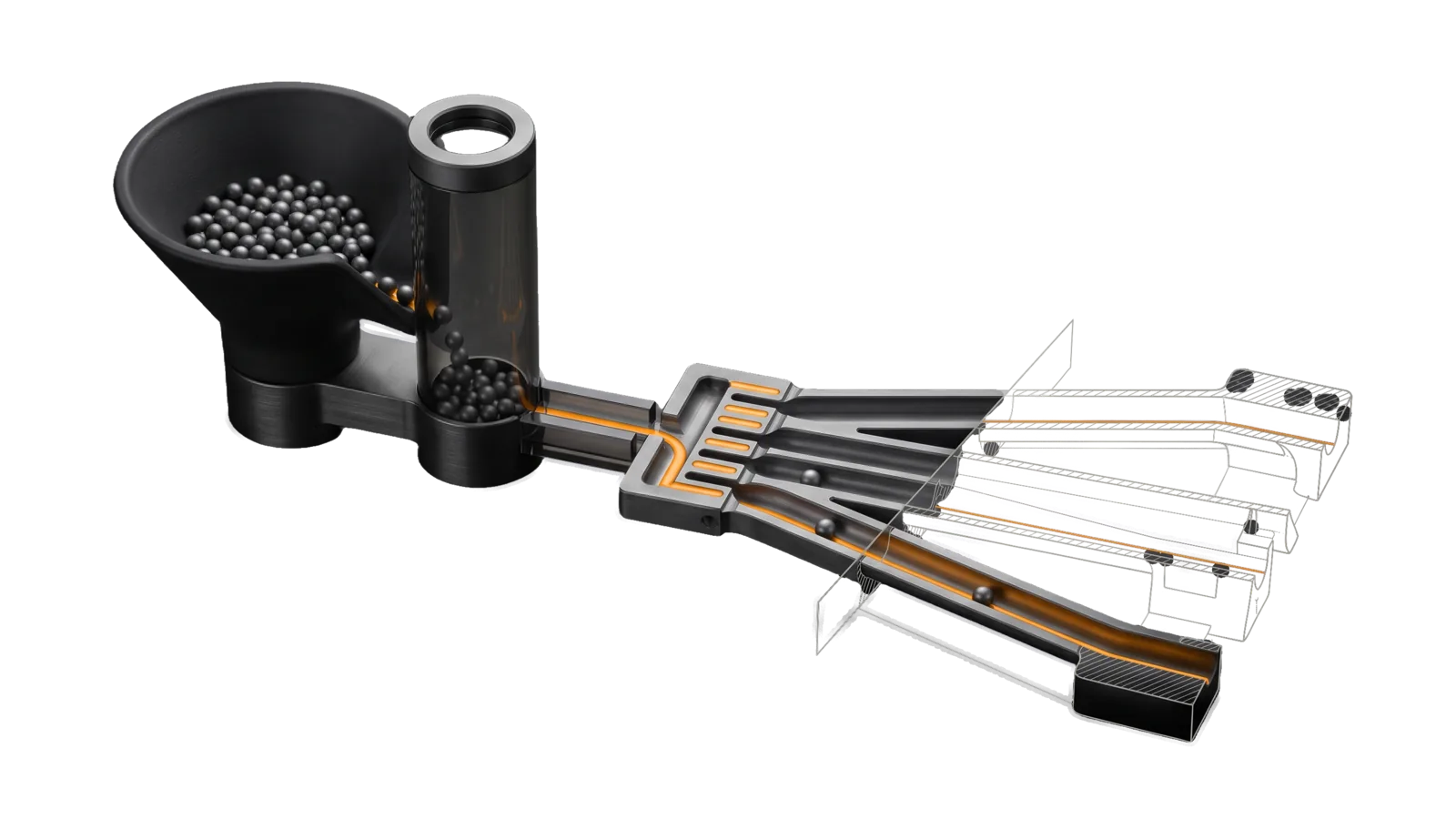 A flared intake funnel beside a sealed keeping column, a single amber channel crossing a gap to a grading comb that splits into four channels, their far ends in bone-grey outline.