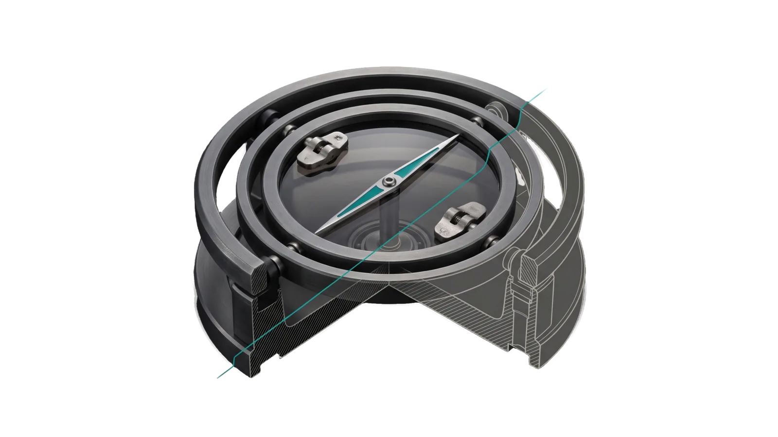 A machined gyroscope with three nested gimbal rings holding a teal needle on a steady heading, two small weights clamped to the rings, the lower half cut away into bone-grey outline.