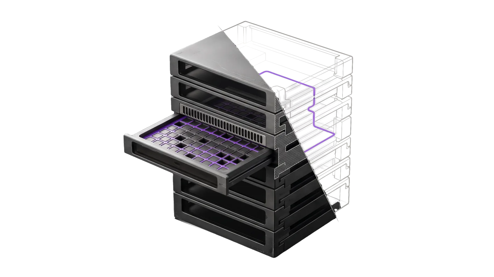 A stack of interlocking machined tiers with one drawn out like a drawer, revealing a grid of purple filled and hollow cells and one barred row, the upper tiers cut away into bone-grey outline.