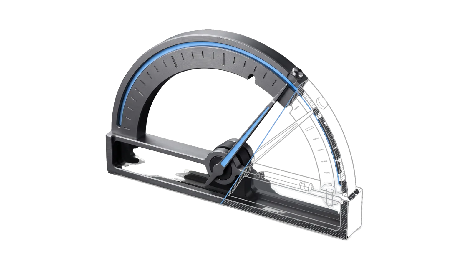 A machined arc with a long needle swung across its sweep, the swept arc lit blue, the far end cut away into a bone-grey drawing.