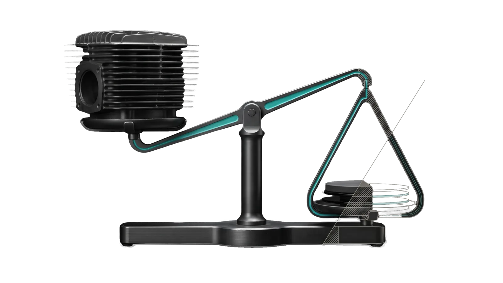 A beam balance tipped toward a slim stack of sheets and a disc, outweighing a heavy finned engine block on the raised pan, the load path lit teal, the stack cut away into a bone-grey drawing.