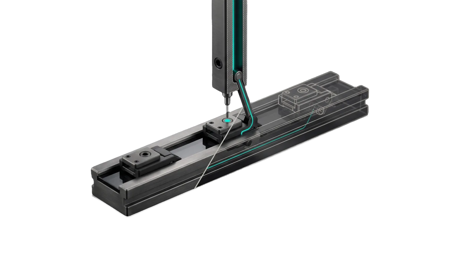 A short track where a fine probe touches one part and the pawl ahead of it lifts open, while an unprobed part waits at a shut pawl, the probe linkage lit teal and cut away into a bone-grey drawing.