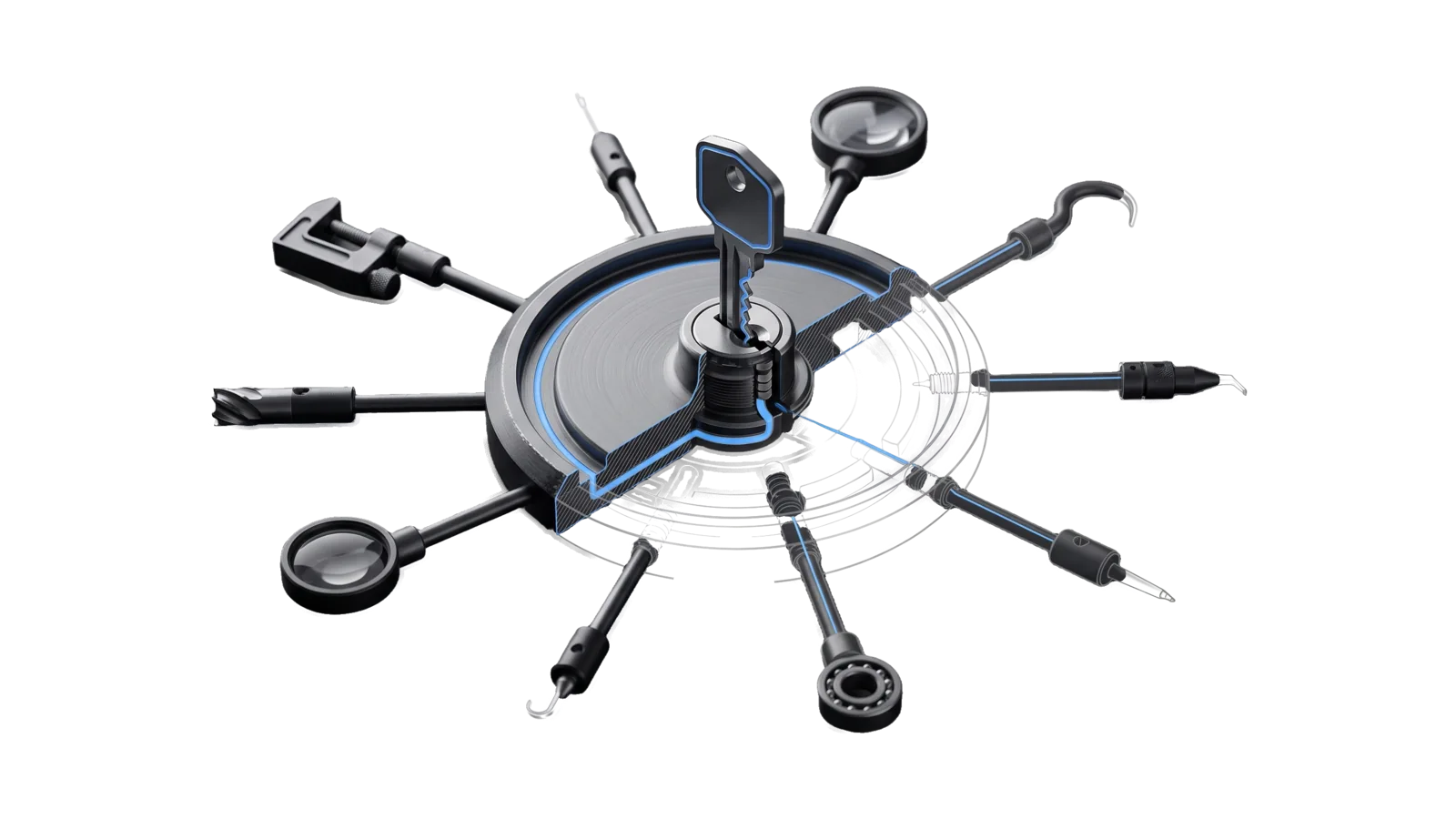 A round hub with eight spokes ending in different tools, driven by one intricately cut key at its centre, the key and hub channel lit blue, the lock cylinder cut away into a bone-grey drawing.
