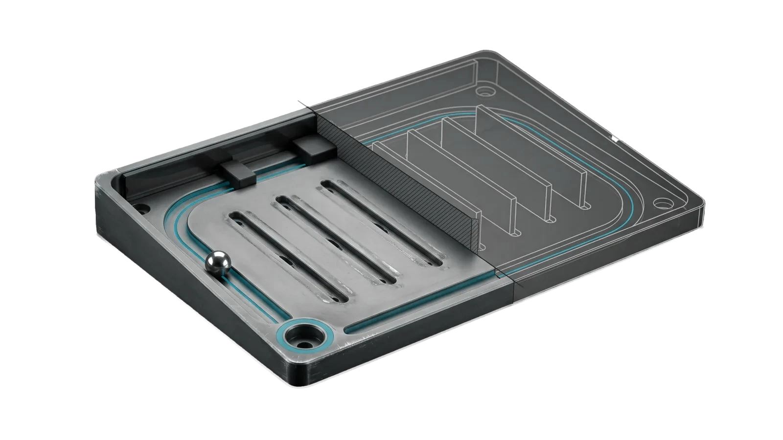 A tilted tray with one precise socket and a steel ball rolling freely toward it, its route lit teal, the old maze walls shown only as bone-grey ghosts standing in their empty slots.