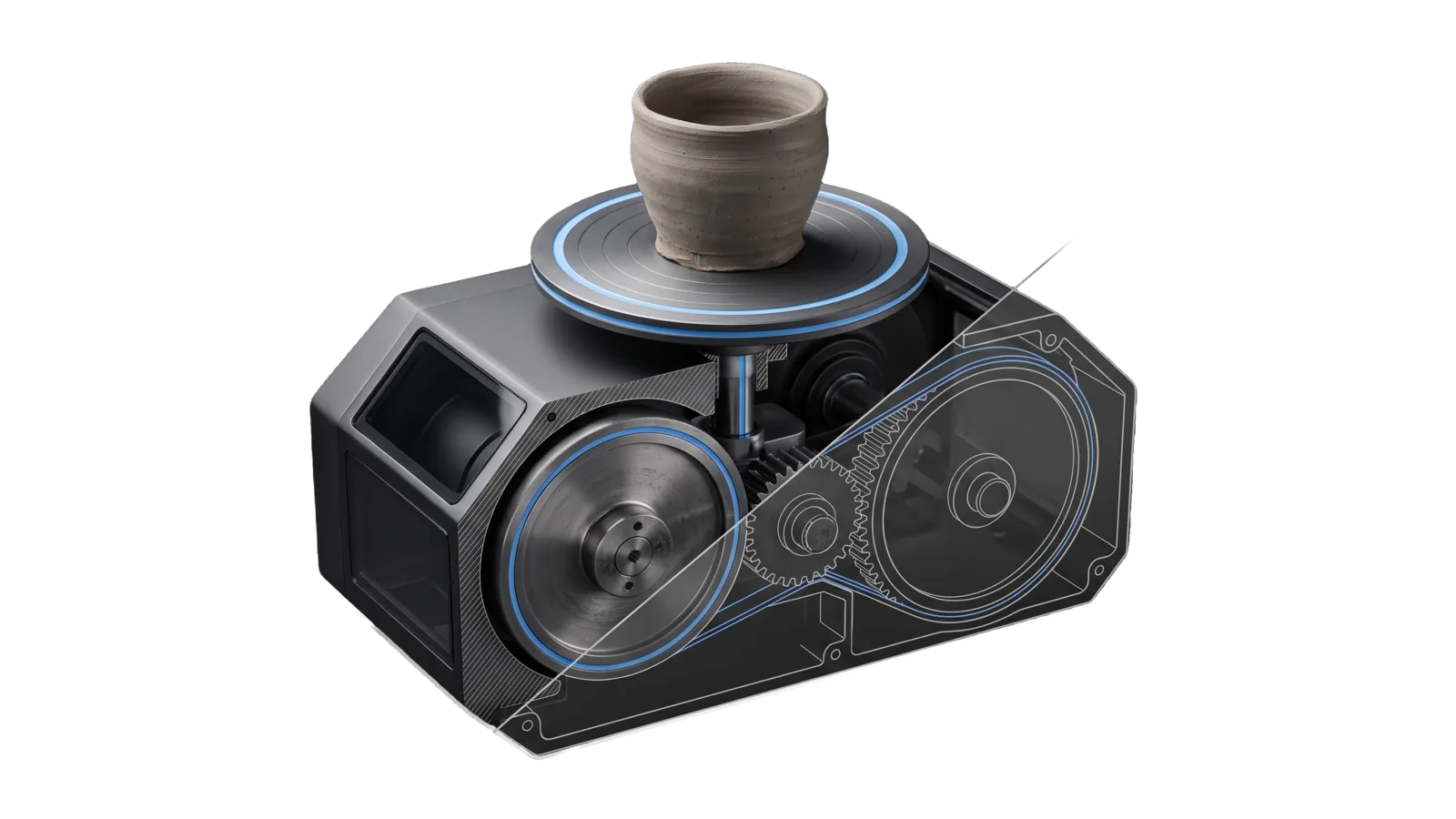 A handmade clay vessel on a potter's wheel, with a far larger machined drive train in the housing below turning it, the drive lit blue, the housing cut away into a bone-grey drawing.